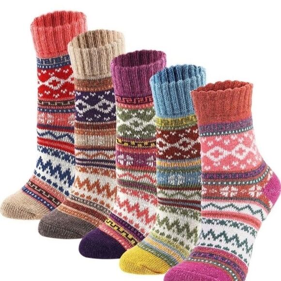 5-pair multicolor boho vintage wool crew socks